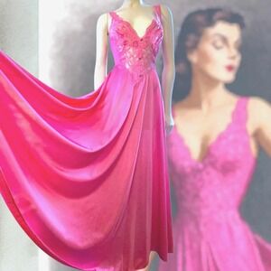 Vintage Olga Nightgown Style 92770 | XL | Hot Pink Nylon Lace Bodice Sweeping...